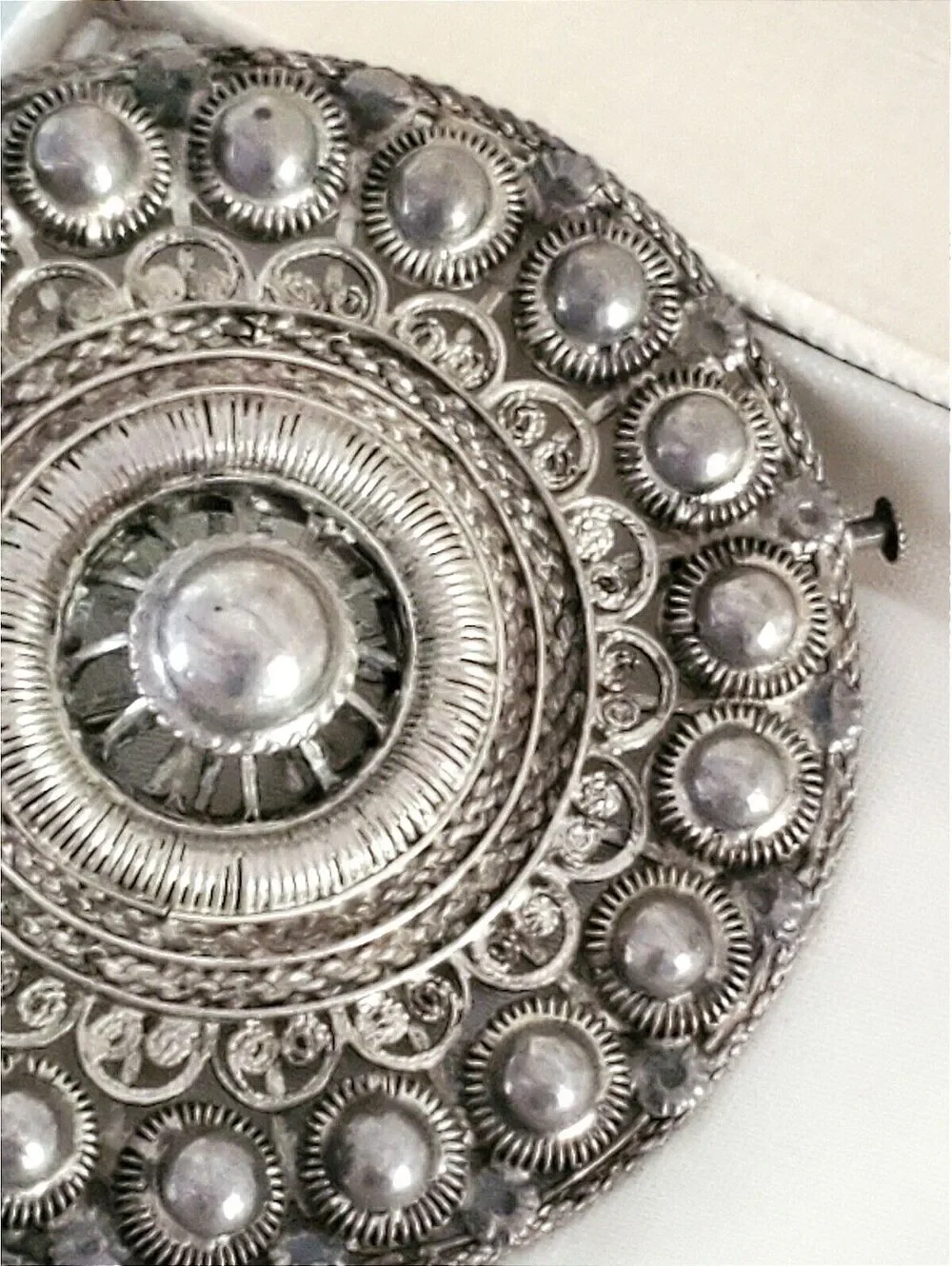 Antique Dutch Silver-Filigree Traditional Button Brooch with Trombone Clasp